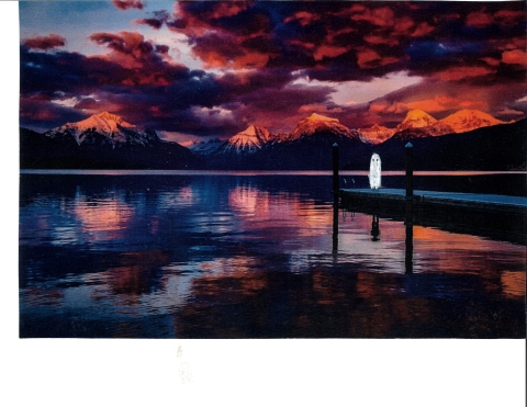 A landscape photo of a dark pier with a pink and purple sky reflecting into the water.  On the pier stands a ghost that was painted on later.