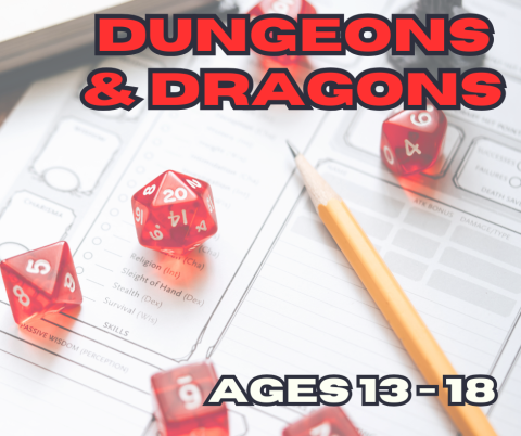 Red text that reads "dungeons and dragons, ages 13-18". The background image is of a piece of paper with red dice and a pencil.