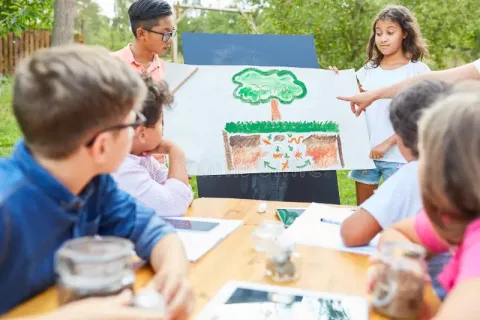 Several children sit at a table, watching as two children and an adult give a presentation of a poster.