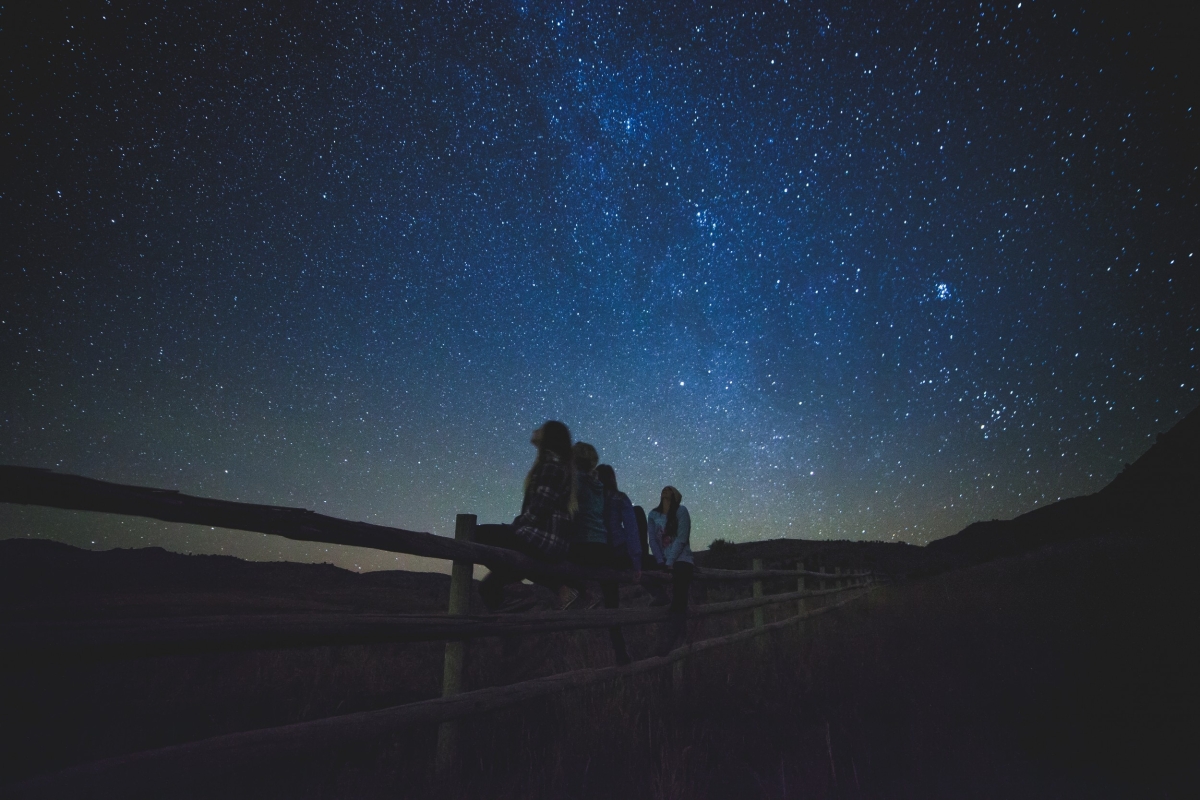 People sitting on fence, looking up at starry night sky